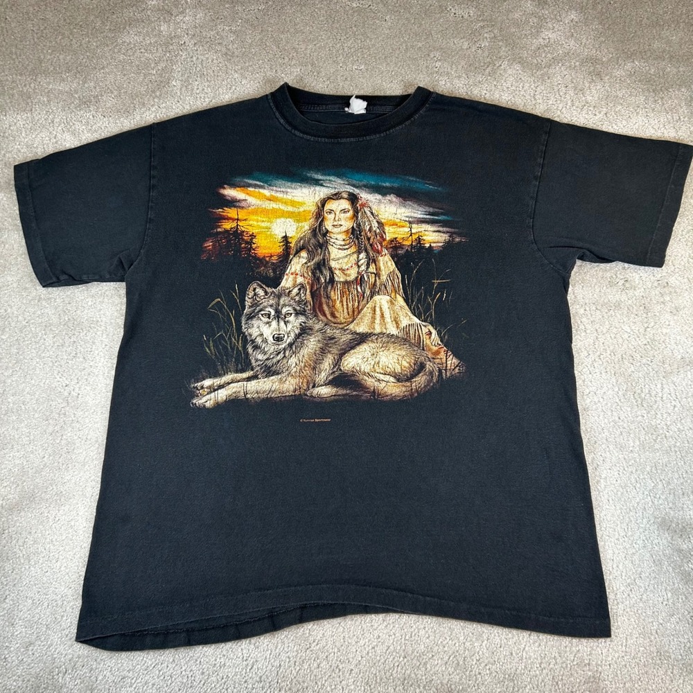 Vintage 90s Sunrise Sportswear Graphic T-Shirt Mens XL Wolf Native American USA